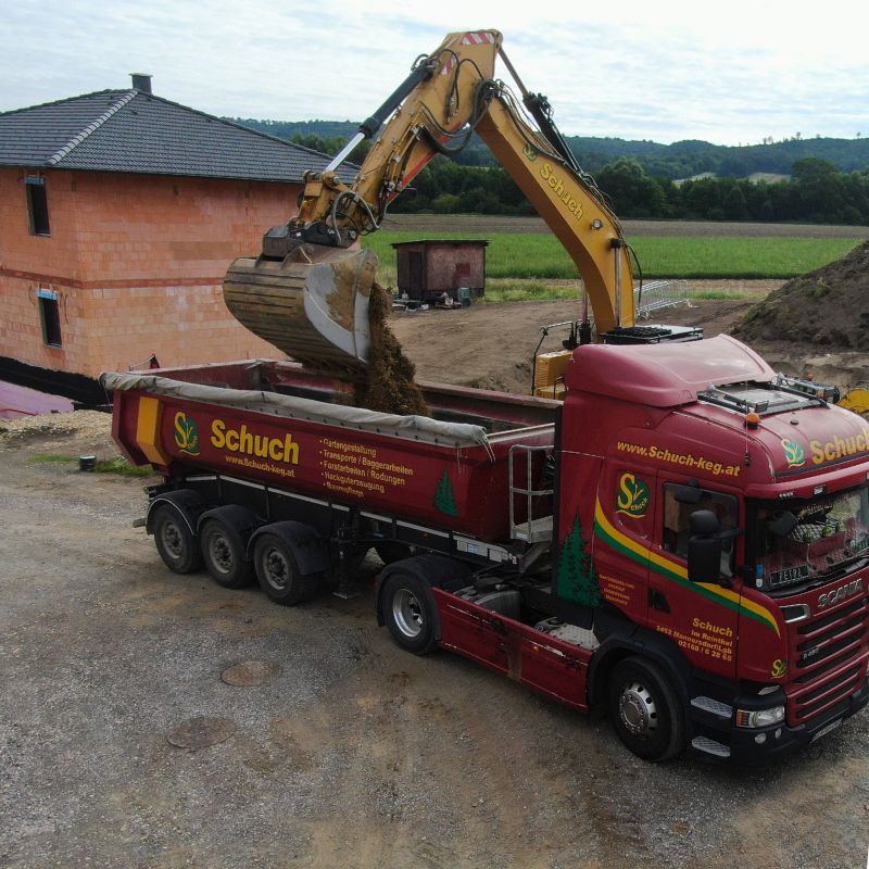 Aushub der Baugrube, Kelleraushub, Kellerfundament graben, Grabarbeiten Hausbau, Verteilung oder Abtransport des Aushubs